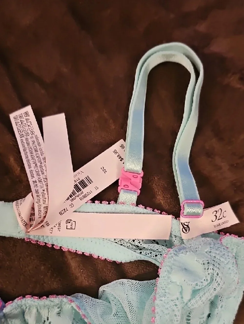 Victoria's Secret Light Blue Lace Underwire Bra with Pink Accents